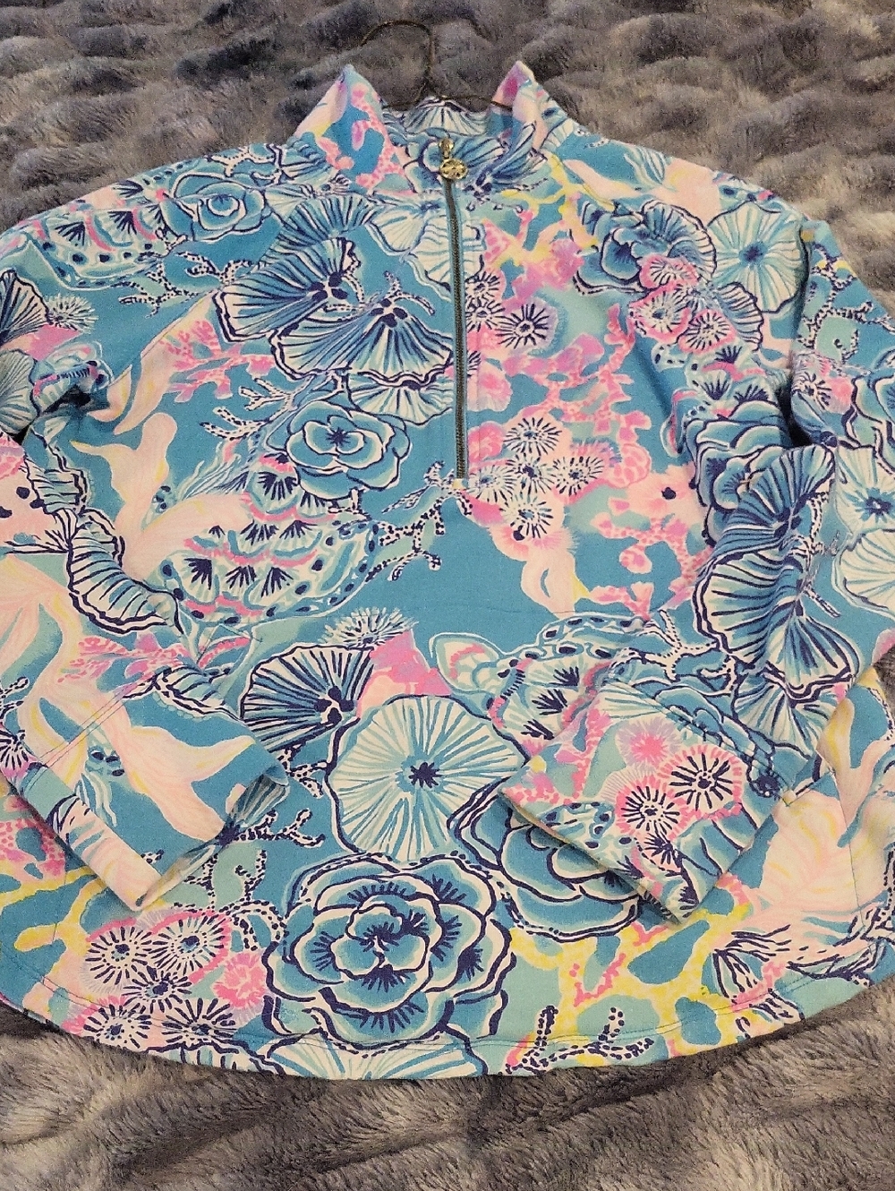 Lilly Pulitzer Blue Pink Multi Floral Quarter-Zip Pullover